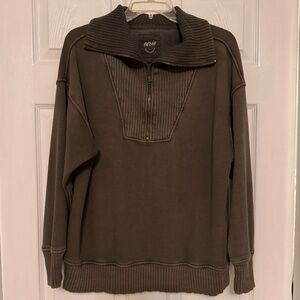 Aerie Down-To-Earth Crew Quarter Zip Olive Green Sweatshirt